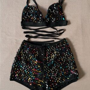 Black Sequin Top & High-Waist Shorts Set